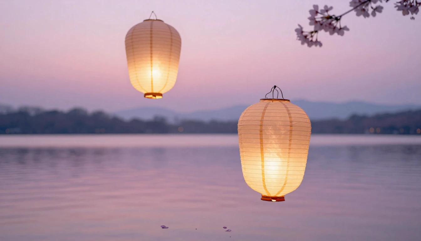 A dreamy and ethereal scene featuring two delicate paper lan...