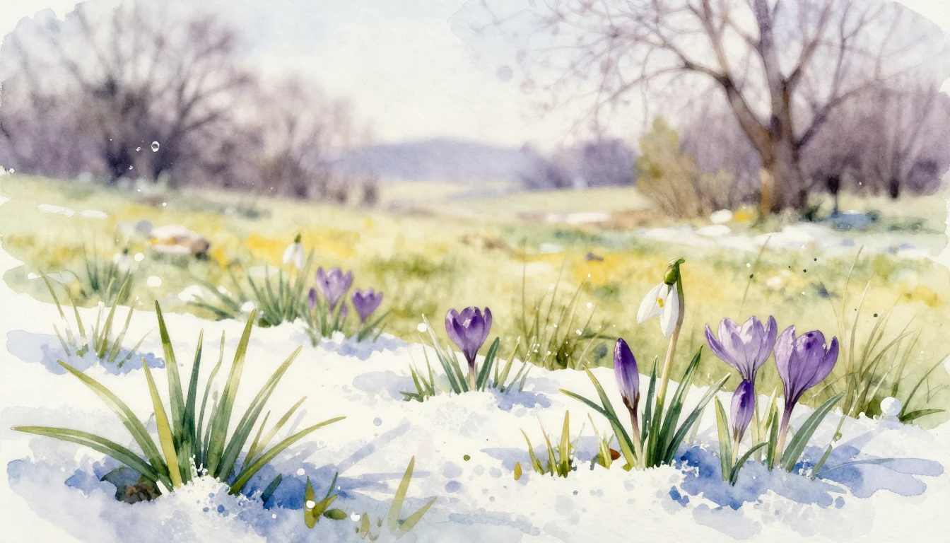A beautiful watercolor painting of a meadow in early spring....