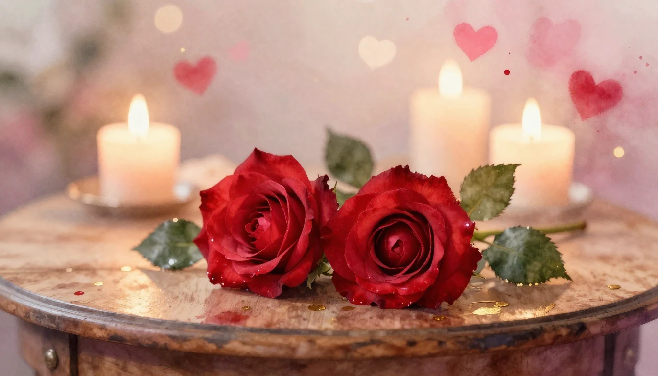 A soft and dreamy watercolor painting of two intertwined red...