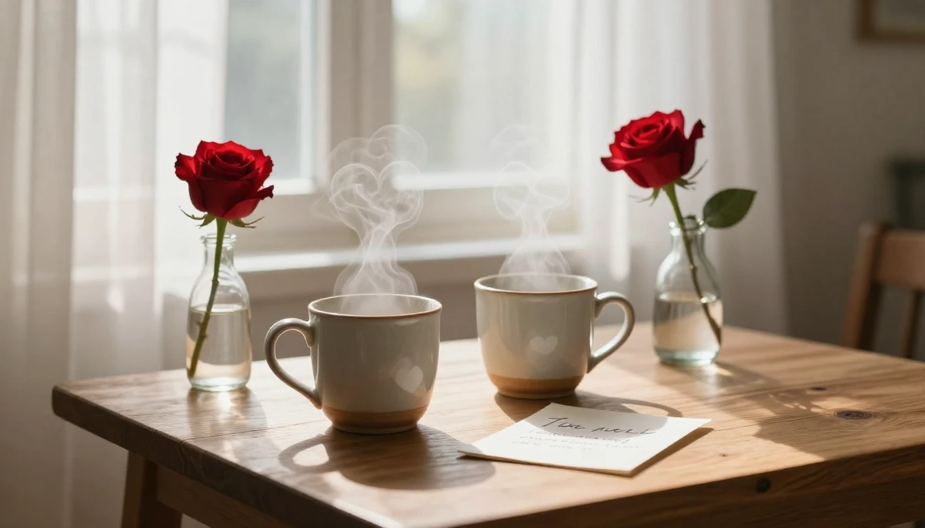 A cozy, romantic scene featuring a wooden table by a window ...