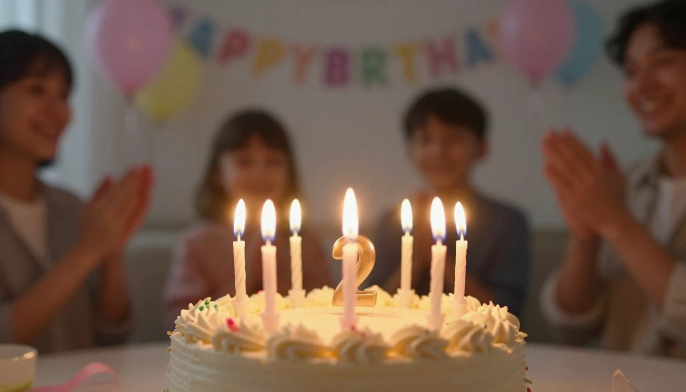 A heartwarming close-up of a birthday cake with glowing cand...