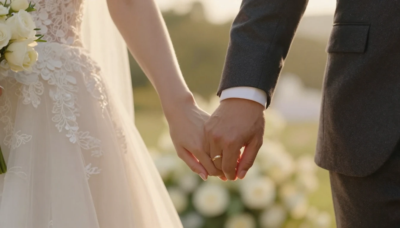 Cinematic close-up shot of a newlywed couple holding hands, ...