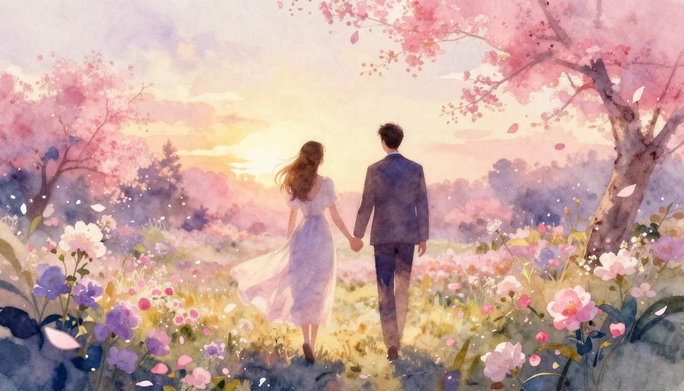 A beautiful and ethereal watercolor painting of two silhouet...