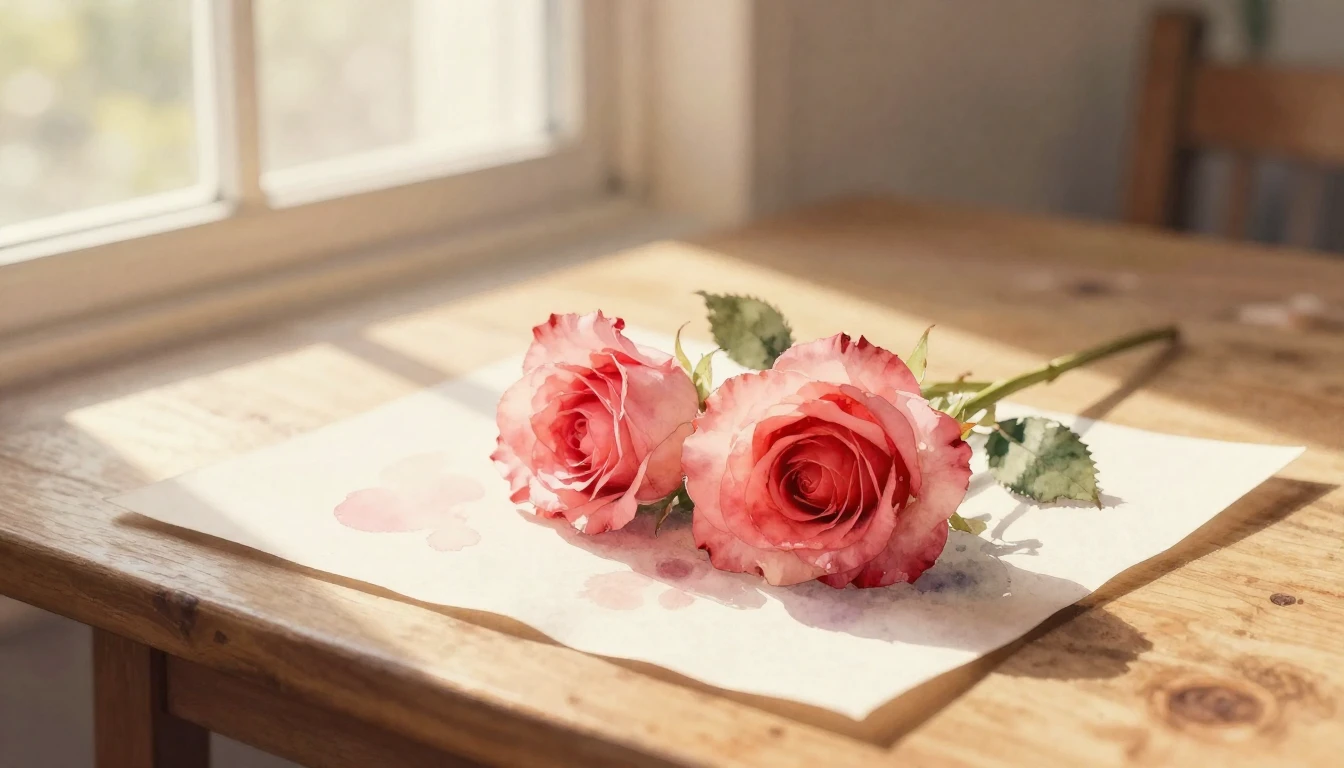 A delicate watercolor painting of two intertwined roses rest...