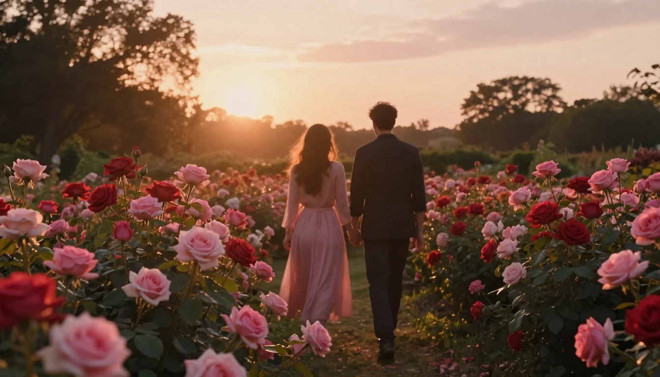 A dreamy and romantic scene featuring two silhouettes walkin...