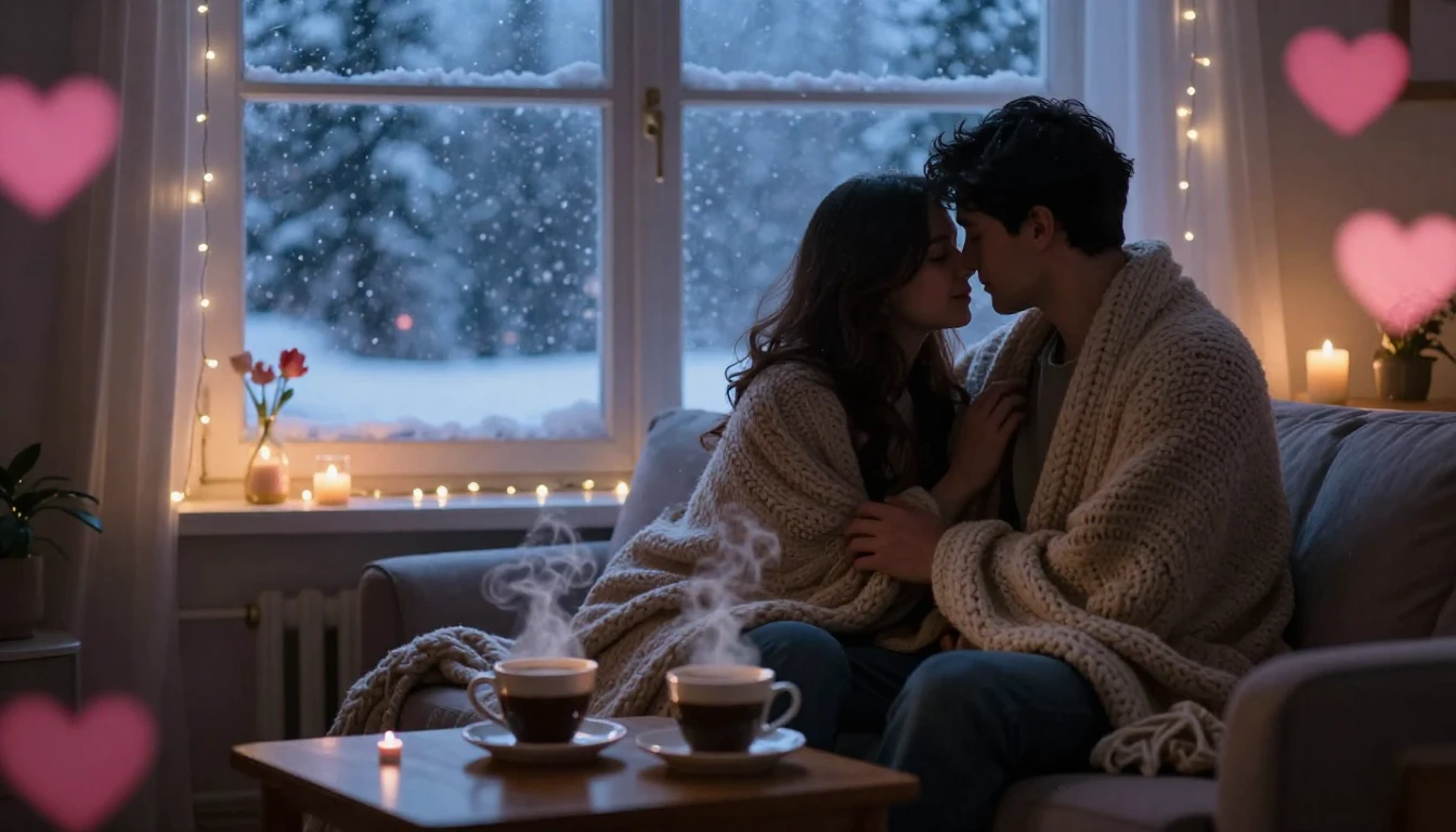 A romantic and cozy scene for a Valentine's Day song cover. ...