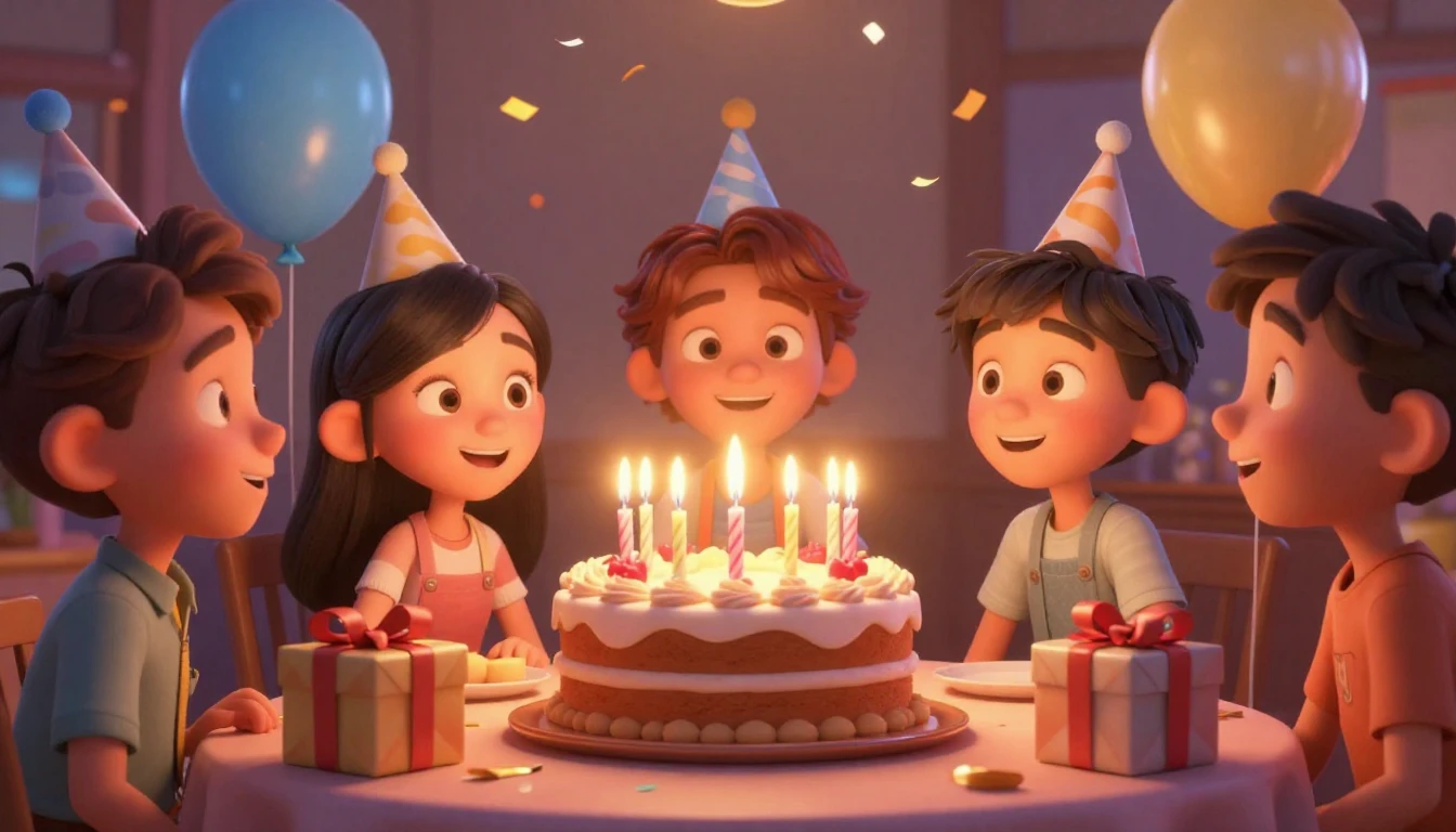 A vibrant and joyful 3D animated scene celebrating a birthda...