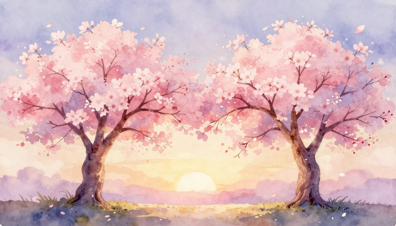 A beautiful watercolor painting of two intertwined cherry bl...