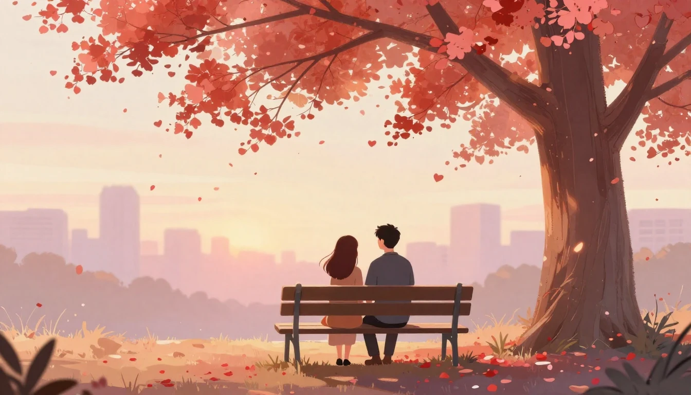 A romantic and dreamy illustration of a couple sitting on a ...