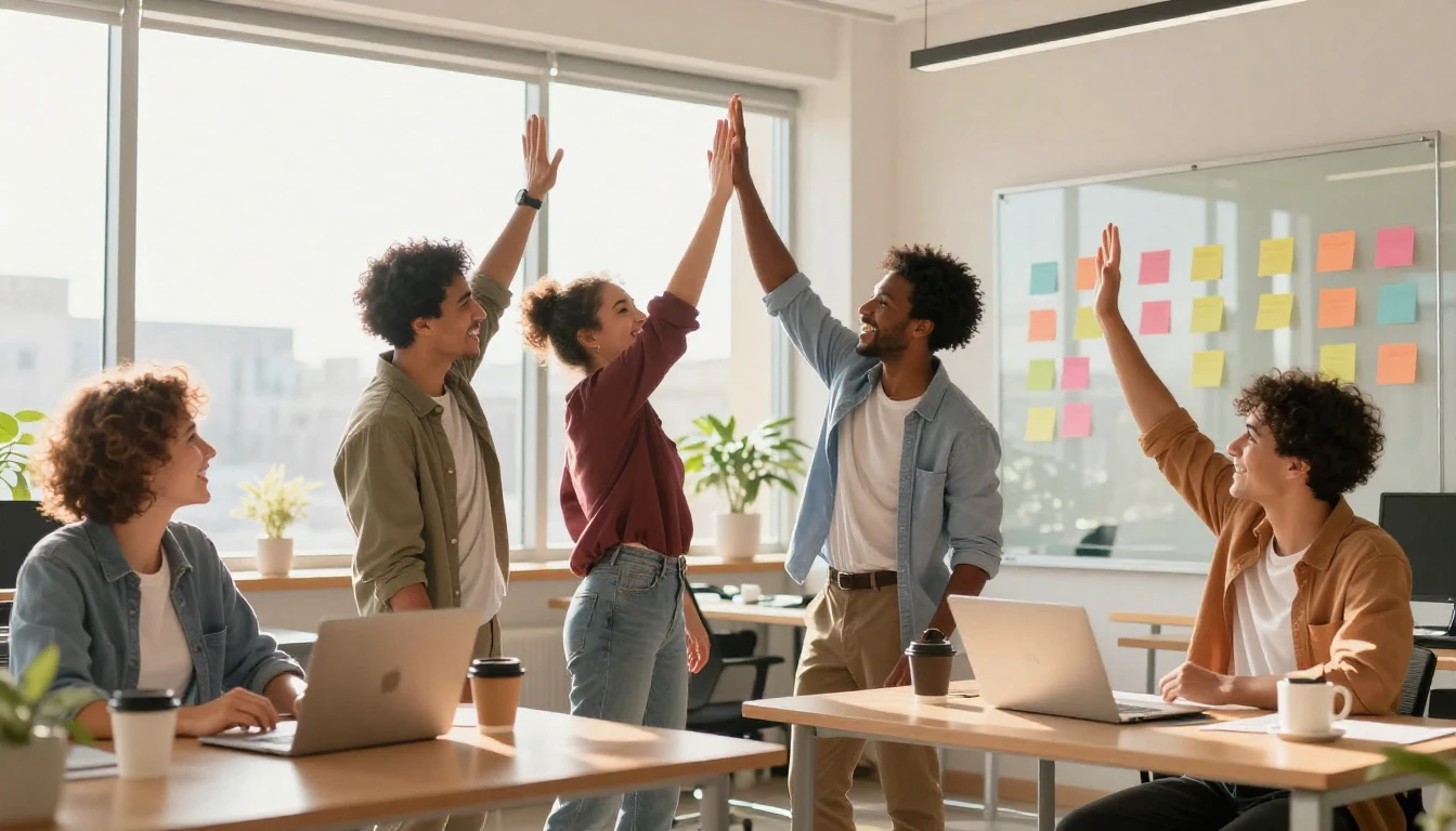 A vibrant, joyful illustration of diverse colleagues high-fi...