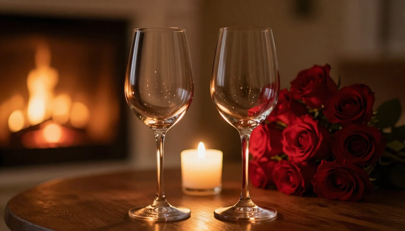 A cinematic close-up of two elegant wine glasses on a wooden...