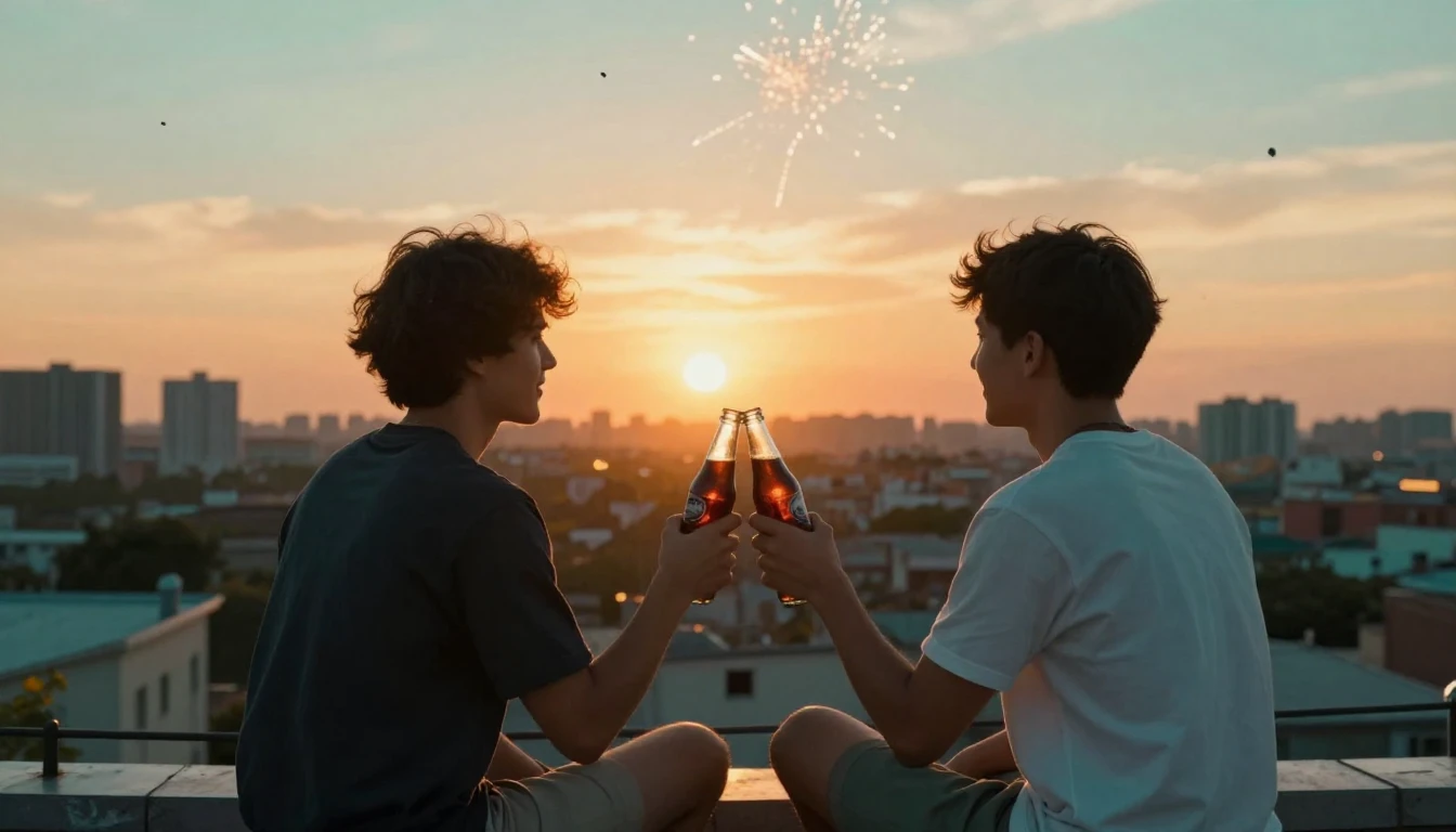 Two best friends sitting side by side on a rooftop overlooki...