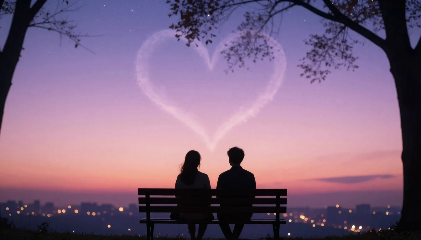 A romantic and ethereal scene featuring two silhouettes sitt...