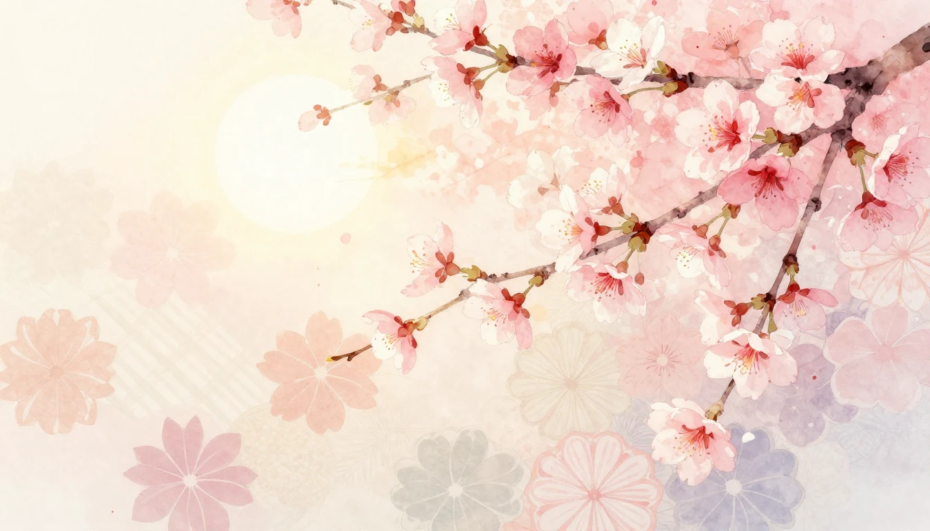 A soft watercolor painting of delicate cherry blossoms and p...