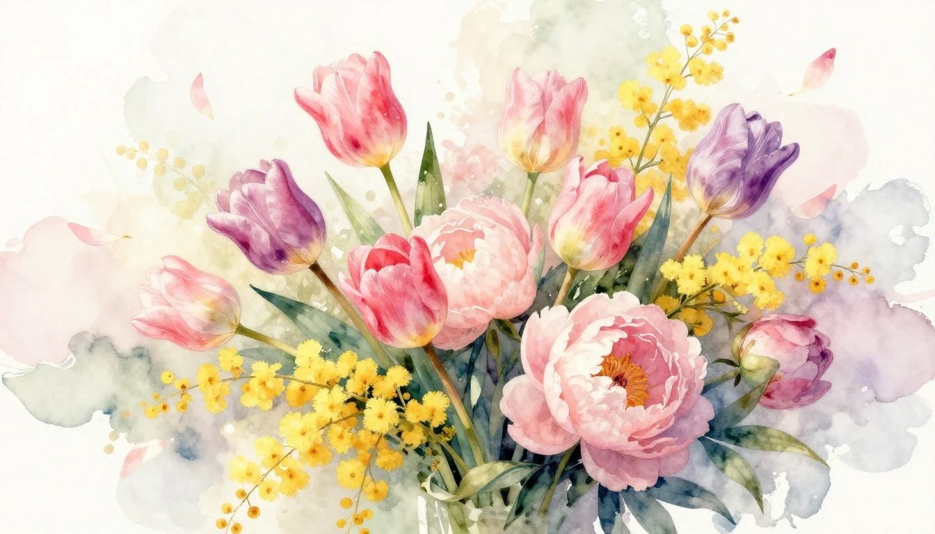 A beautiful watercolor painting of a lush bouquet of spring ...