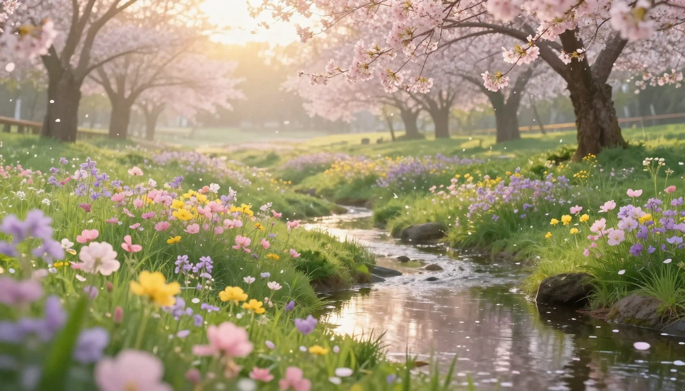 A breathtaking spring landscape at sunrise. Lush green meado...