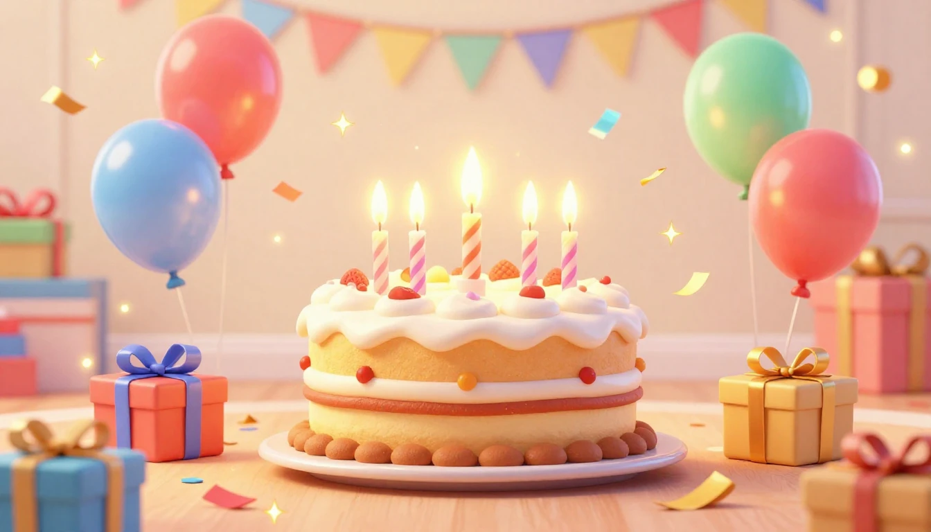 A festive and colorful birthday scene in a cute 3D animation...