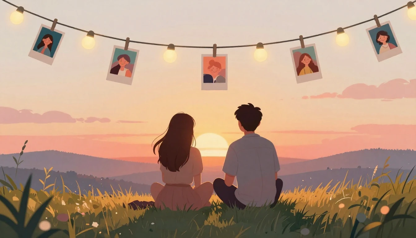 A nostalgic and warm illustration showing two silhouettes si...