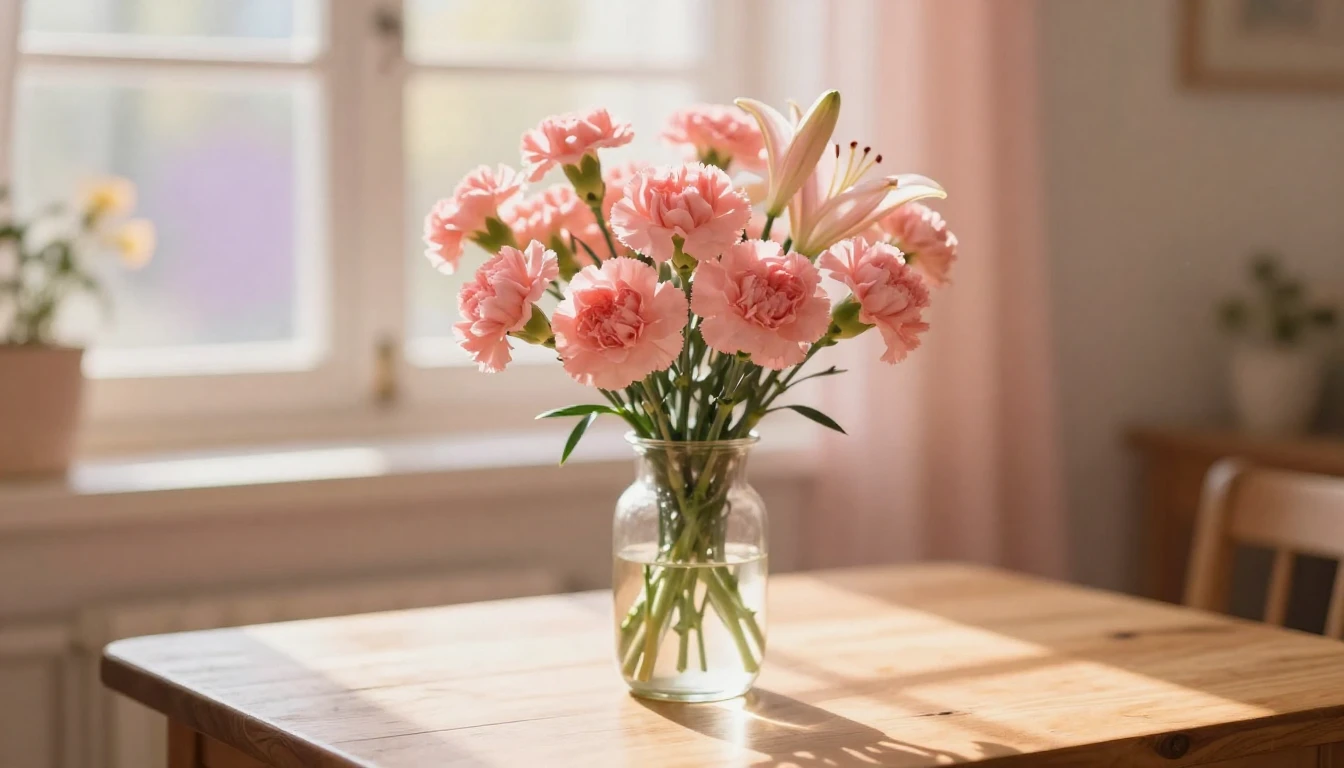 A beautiful artistic scene depicting a bouquet of soft pink ...