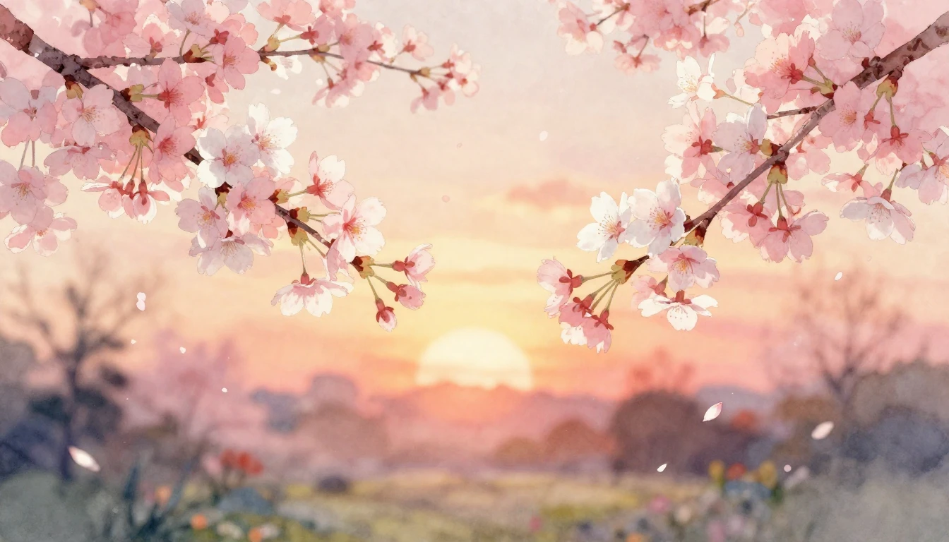 A soft watercolor painting of two delicate cherry blossom br...