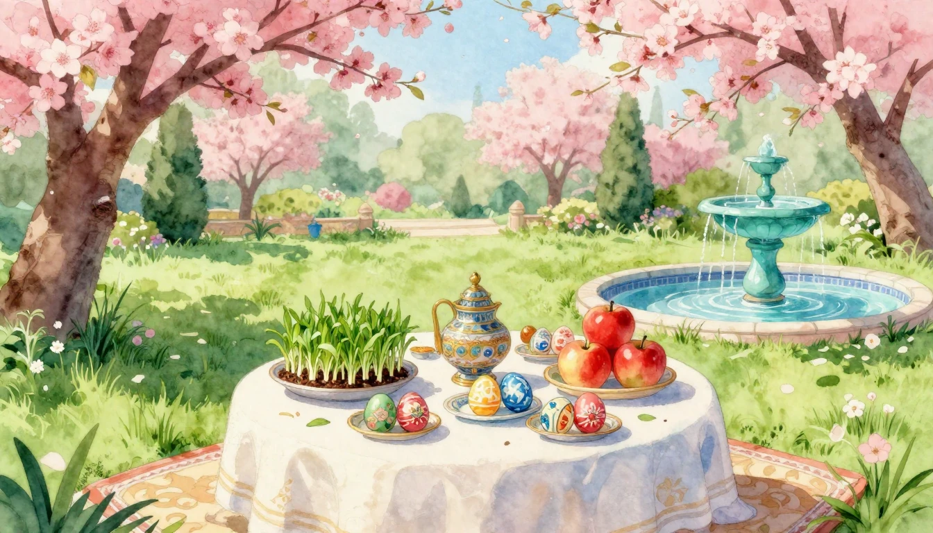 A vibrant watercolor painting of a traditional Persian garde...