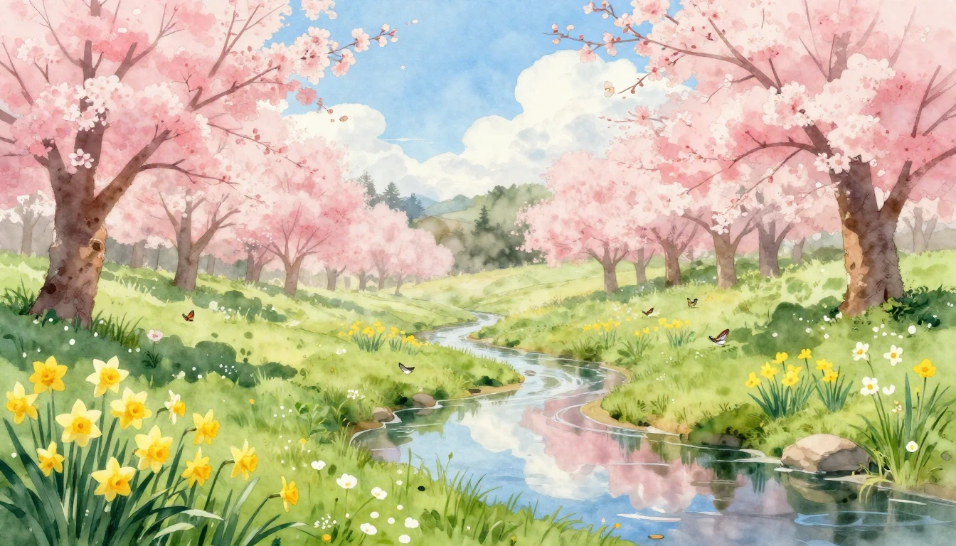 A breathtaking watercolor landscape of a blooming meadow dur...