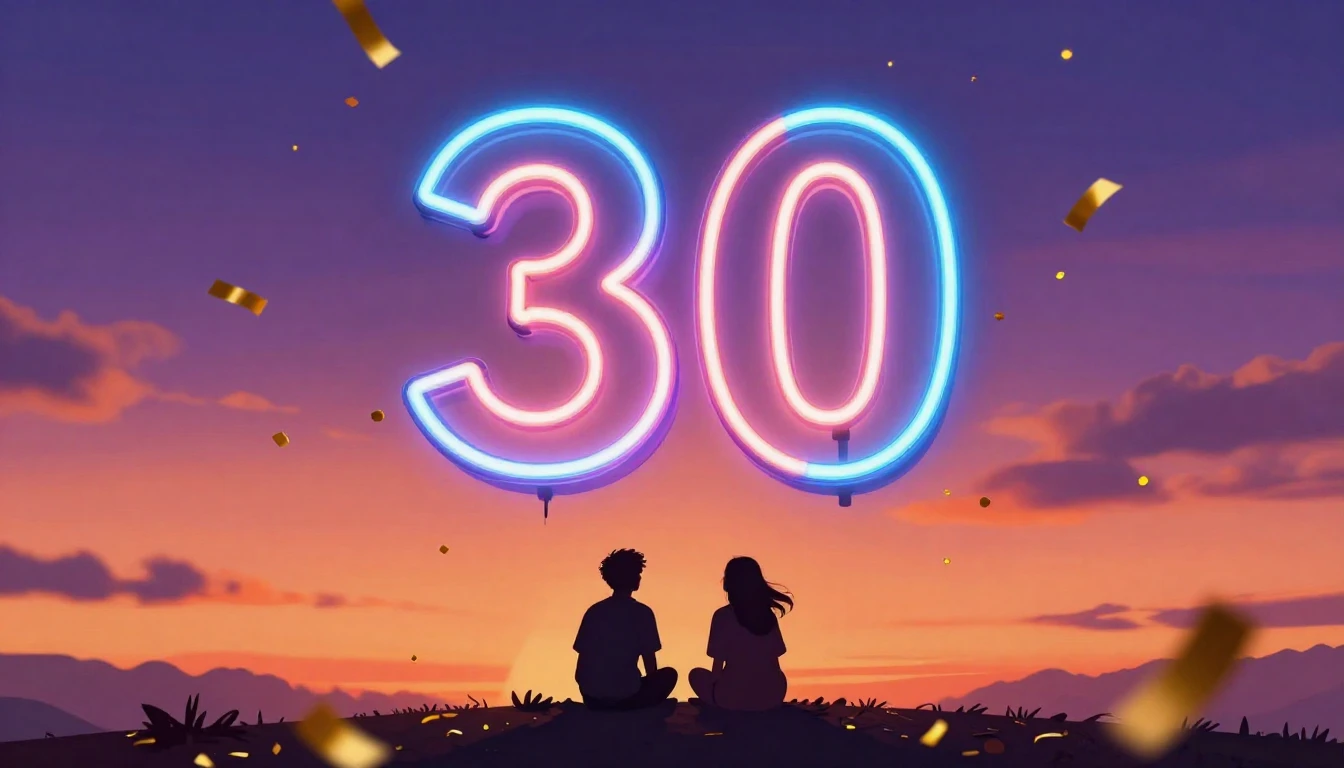 A vibrant digital artwork celebrating a 30th birthday. The f...