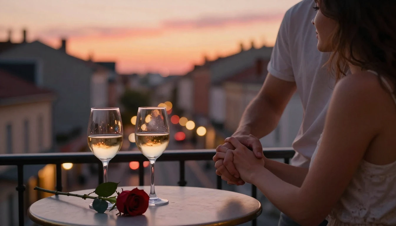 A warm and romantic scene of a couple holding hands on a bal...
