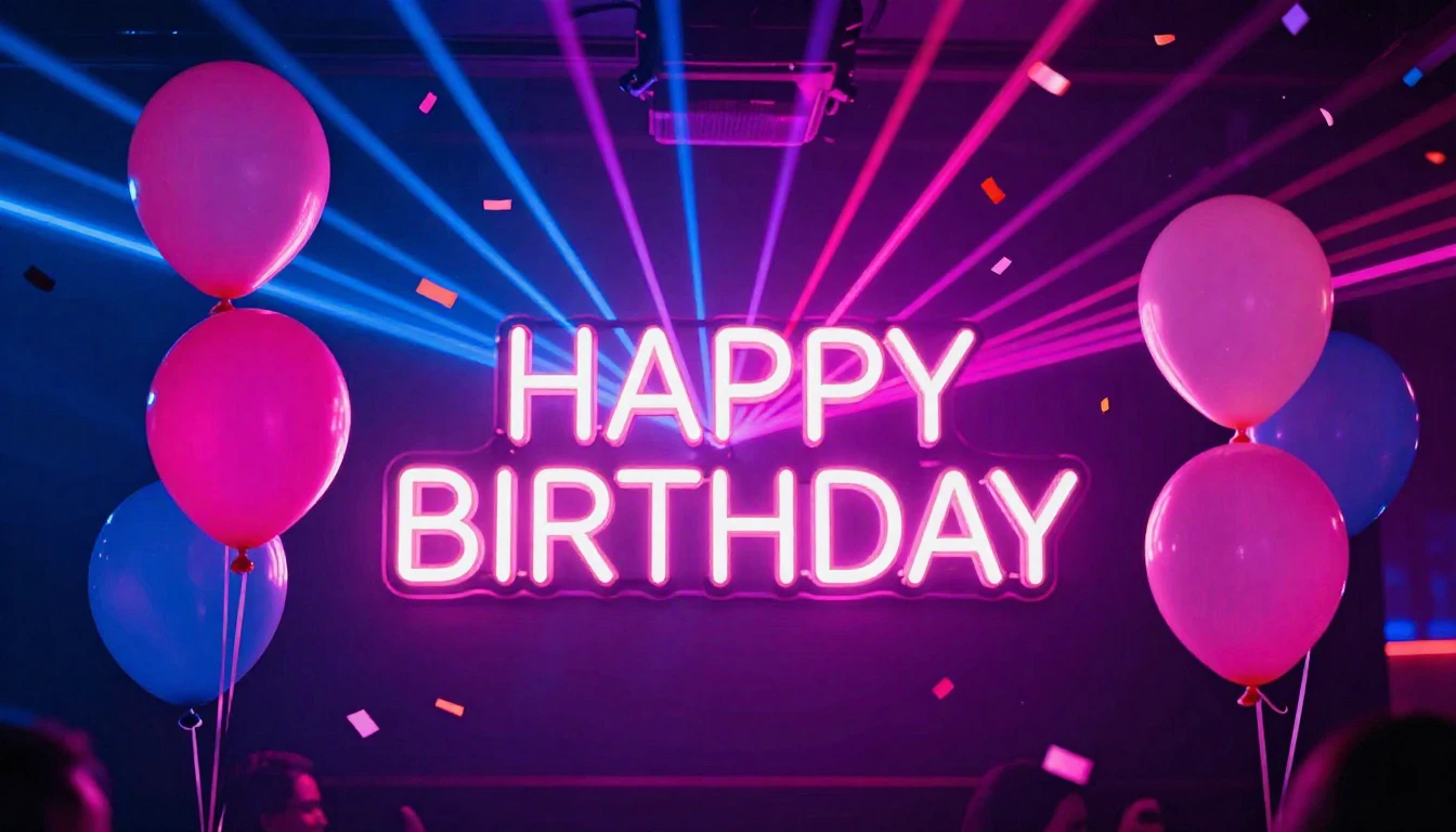 A vibrant and energetic party scene featuring glowing neon b...