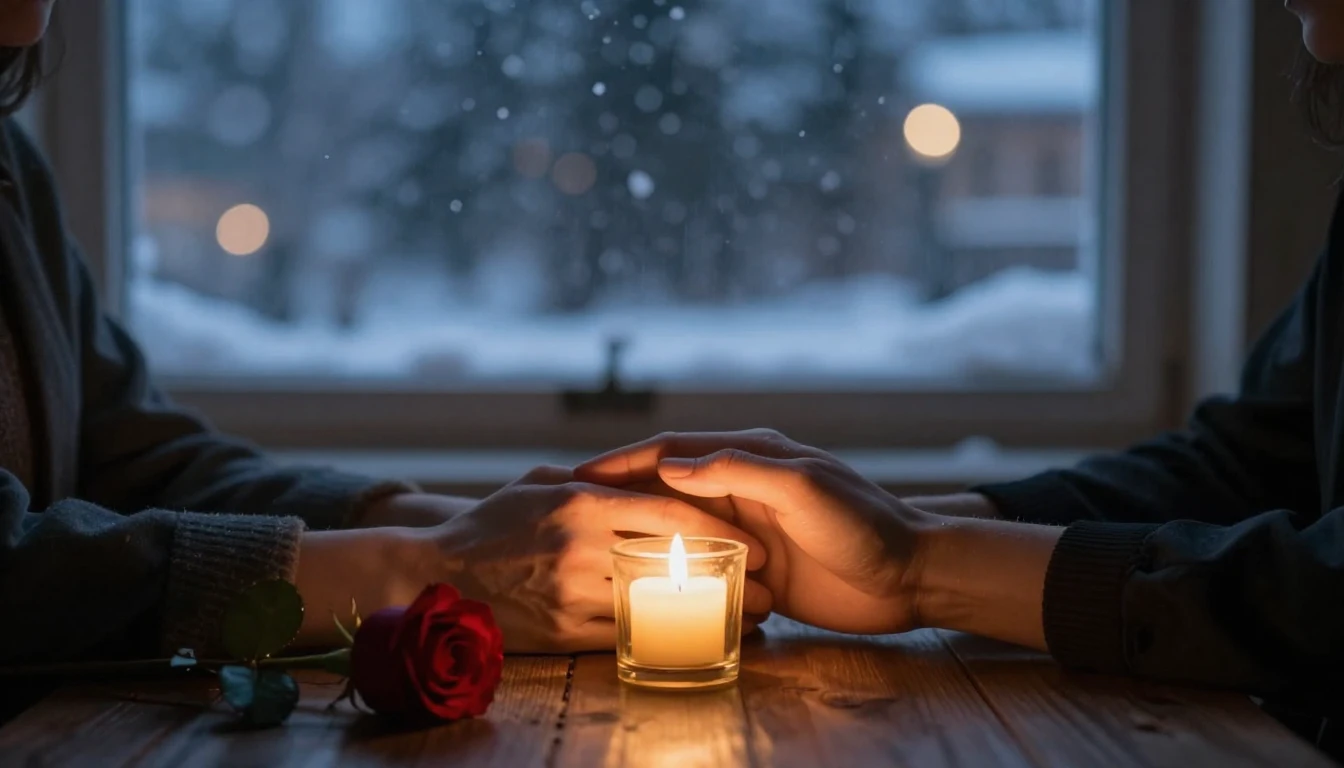 A romantic close-up scene at twilight. Two hands holding eac...