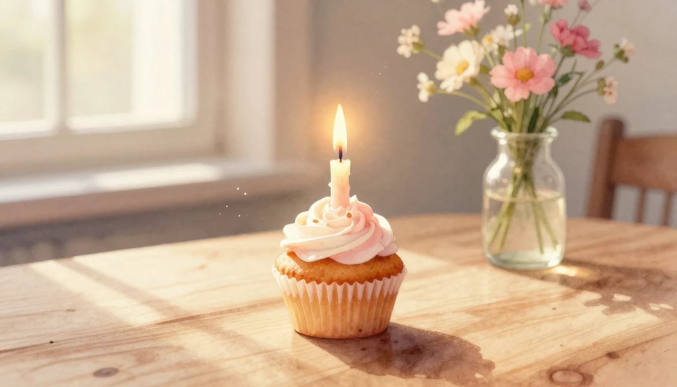 A delicate watercolor painting of a single lit candle on a s...