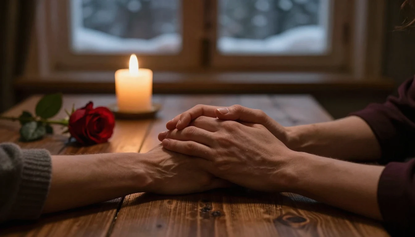 A cinematic close-up shot of two hands holding each other ge...