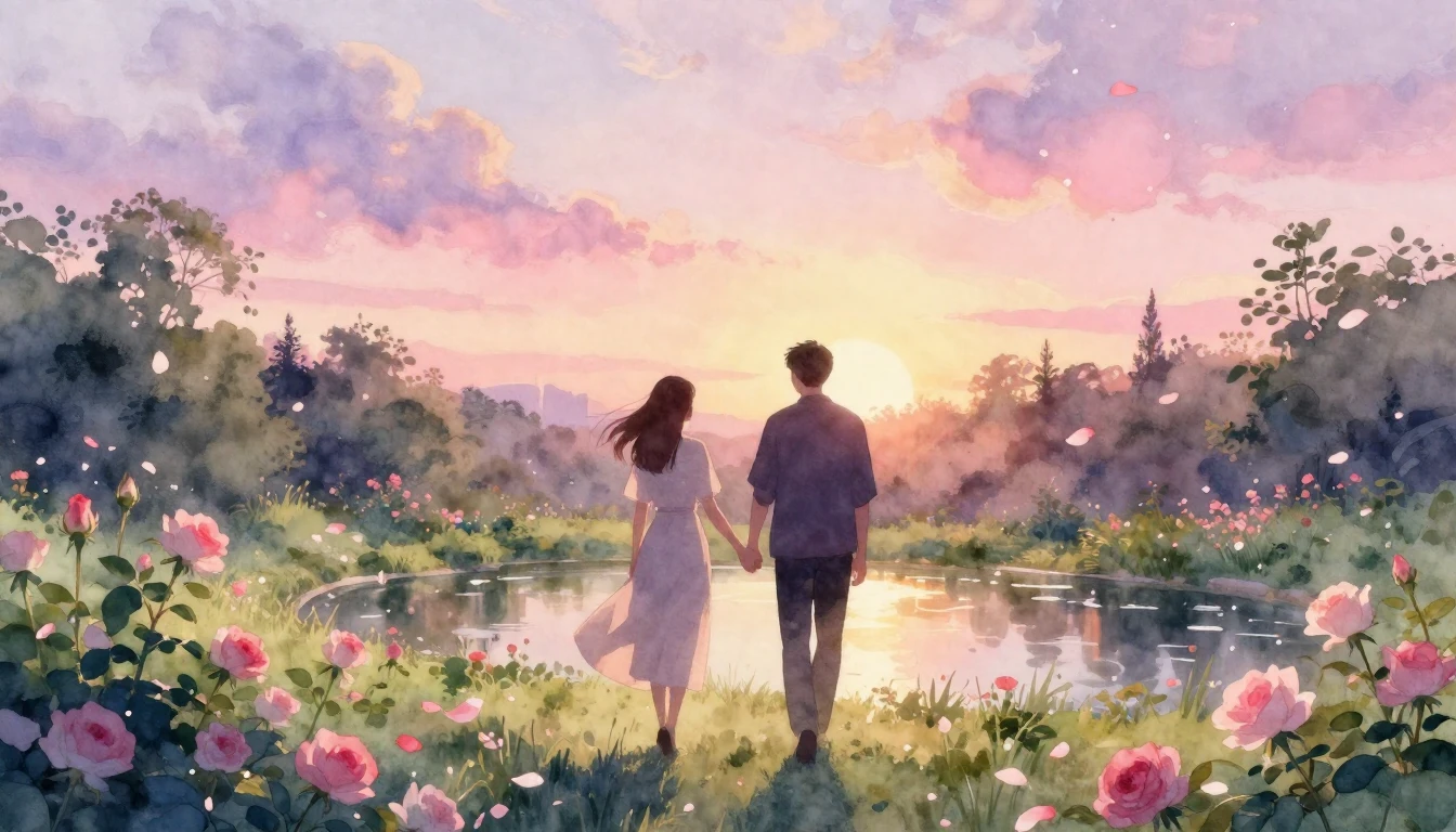 A dreamlike watercolor painting of two silhouettes walking h...