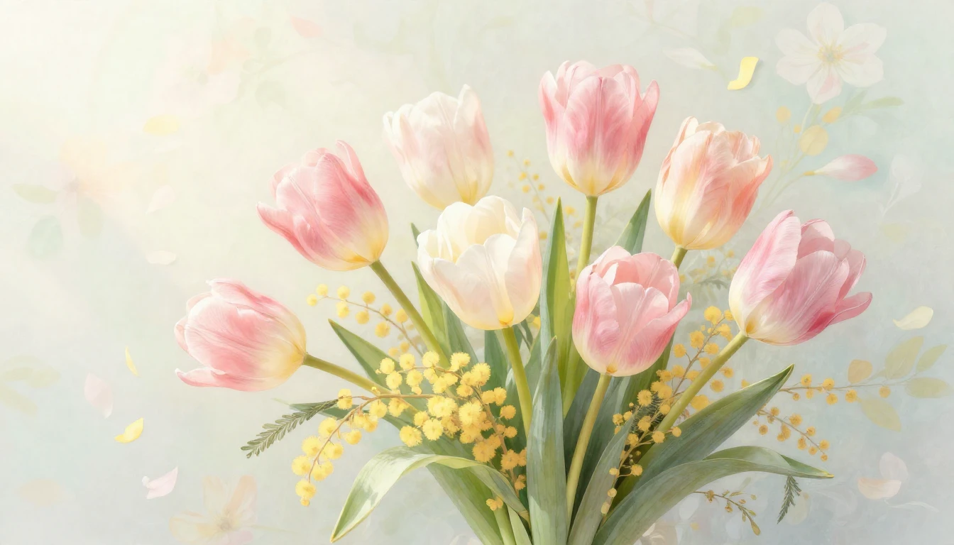 A beautiful and soft composition featuring a delicate bouque...