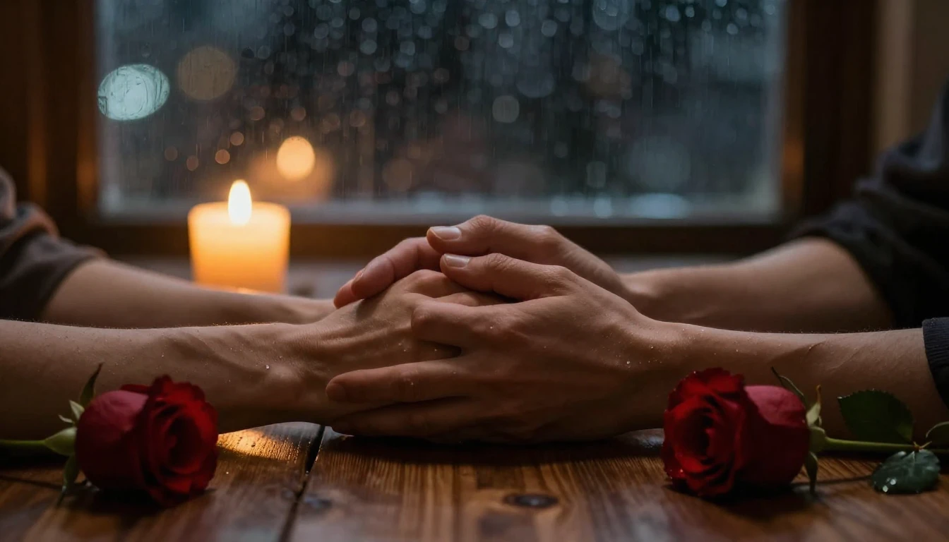 A close-up, cinematic shot of two hands holding each other g...