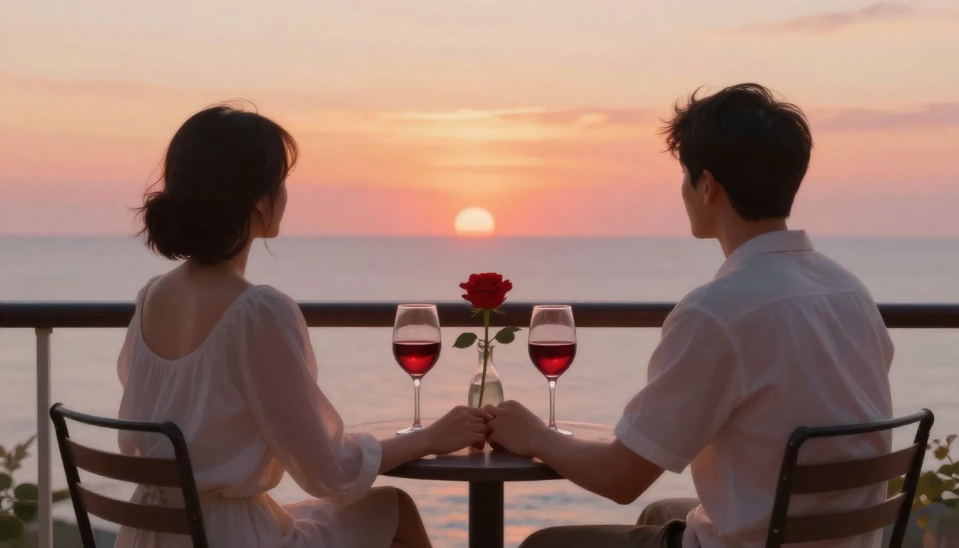 A romantic and intimate scene of a couple sitting on a balco...