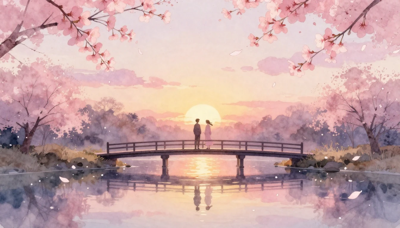 A dreamlike watercolor painting of two silhouettes standing ...