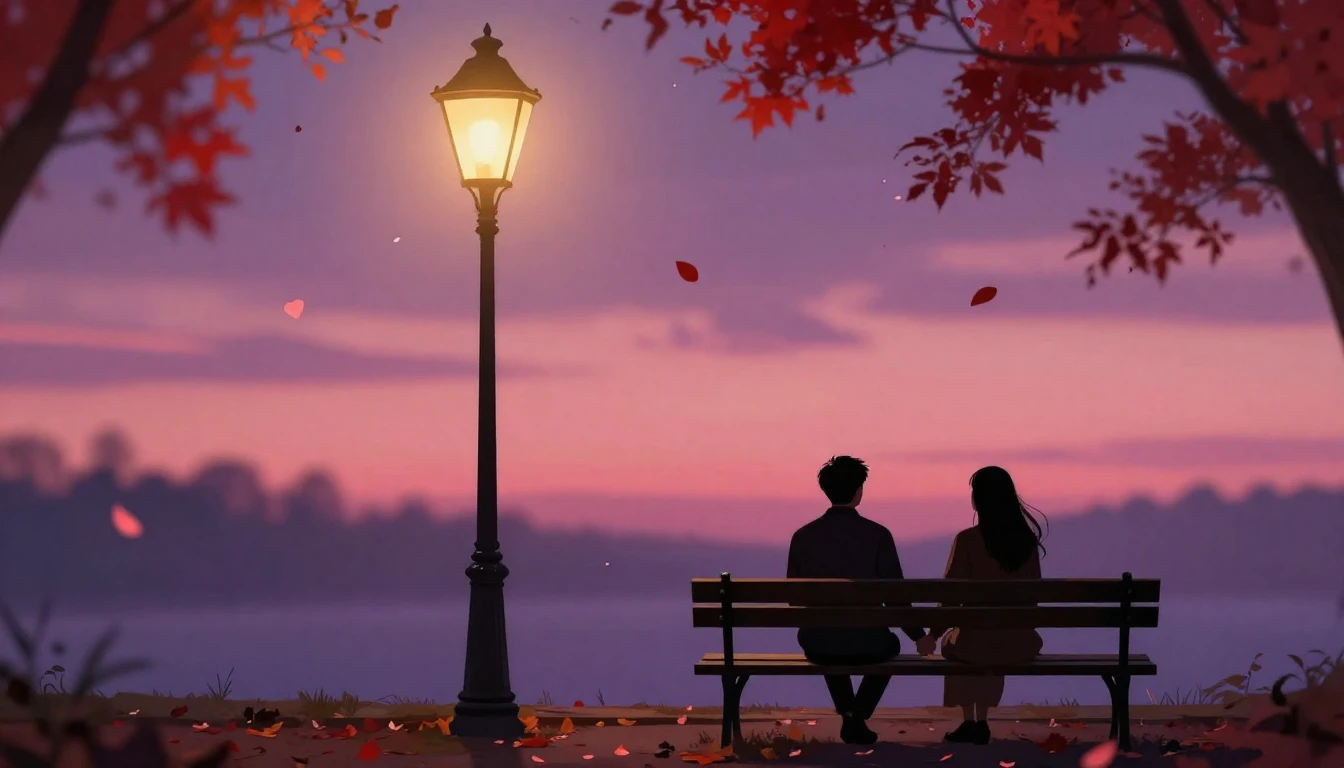 A romantic and dreamy scene featuring two silhouettes of a c...