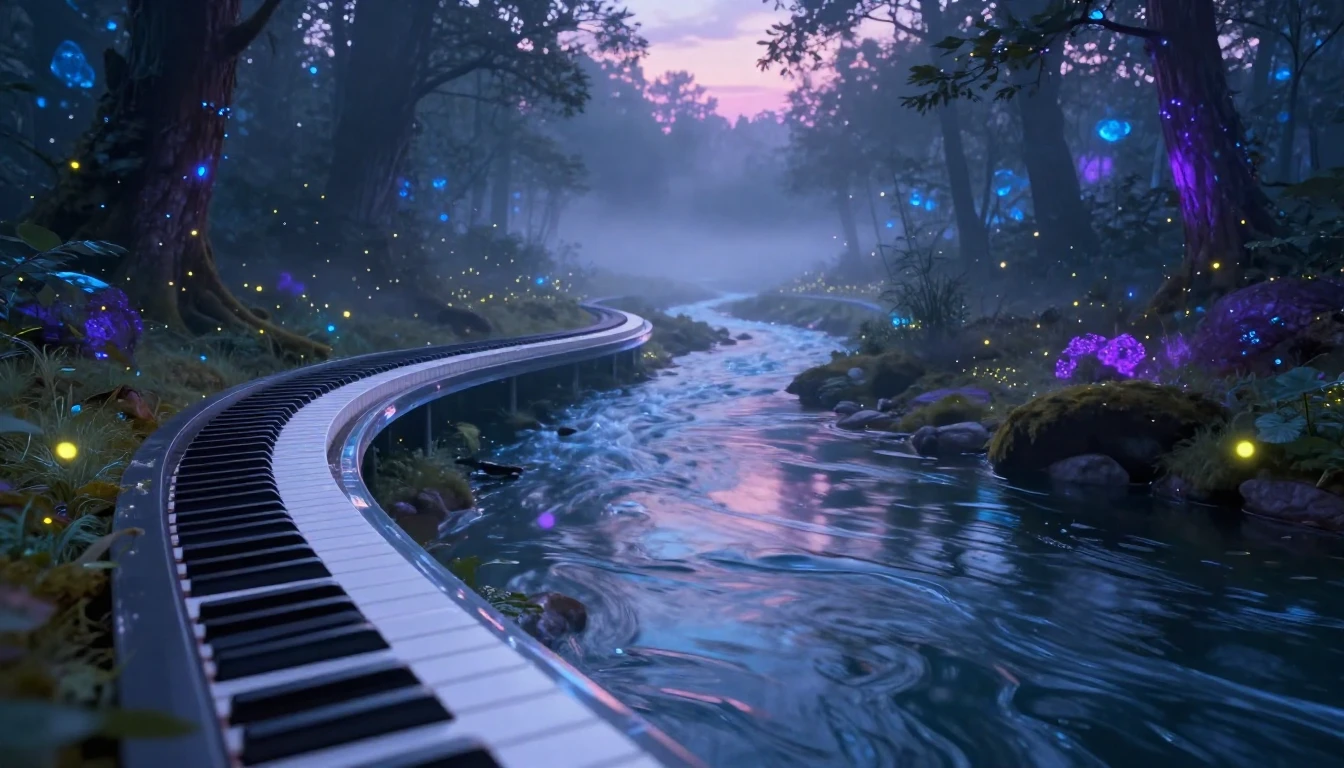 A surreal and magical landscape featuring a winding river co...