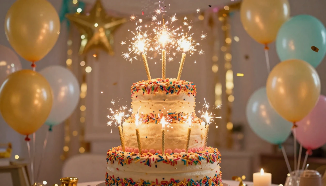 A festive scene featuring a large, multi-tiered cake decorat...