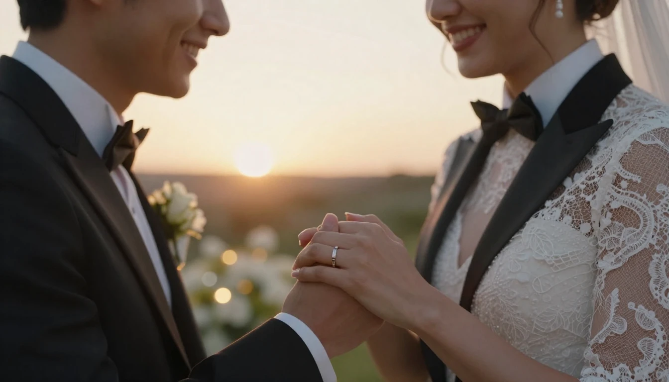 A cinematic close-up shot of a happy bride and groom holding...