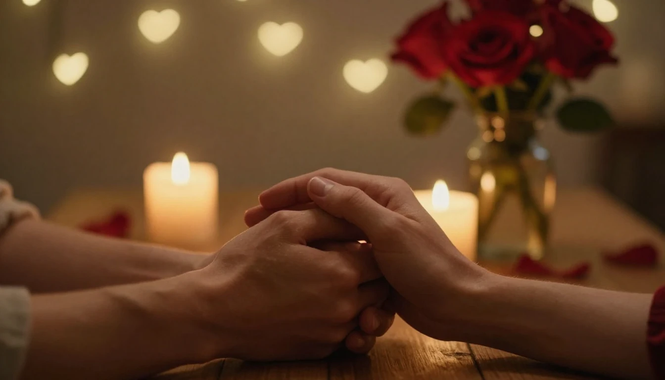 A romantic and cozy atmosphere, a close-up of two hands hold...