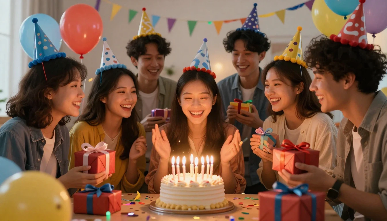 A joyful birthday celebration scene with a group of friends....