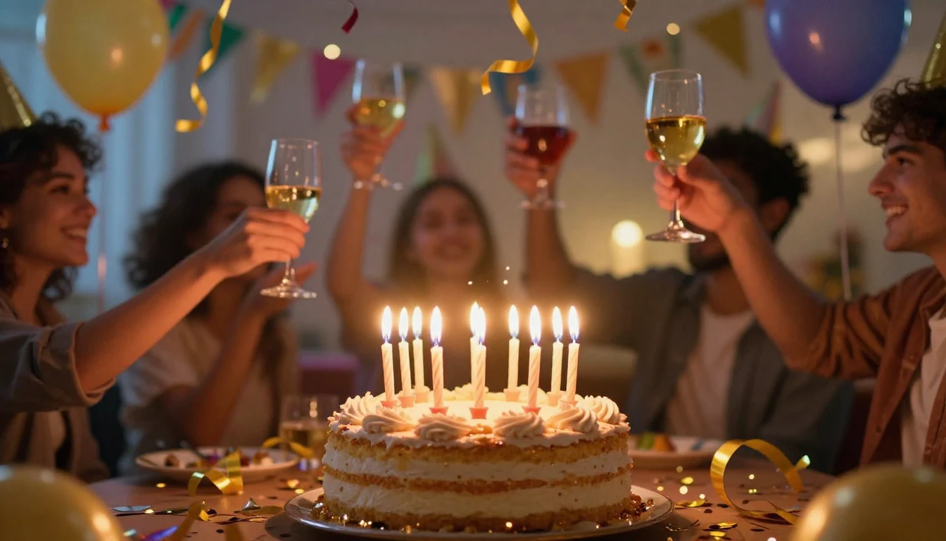 A vibrant and celebratory birthday scene featuring a delicio...