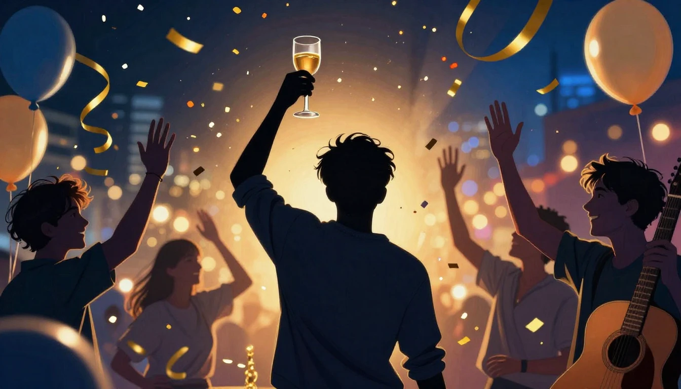 A vibrant and energetic birthday party scene for a male frie...