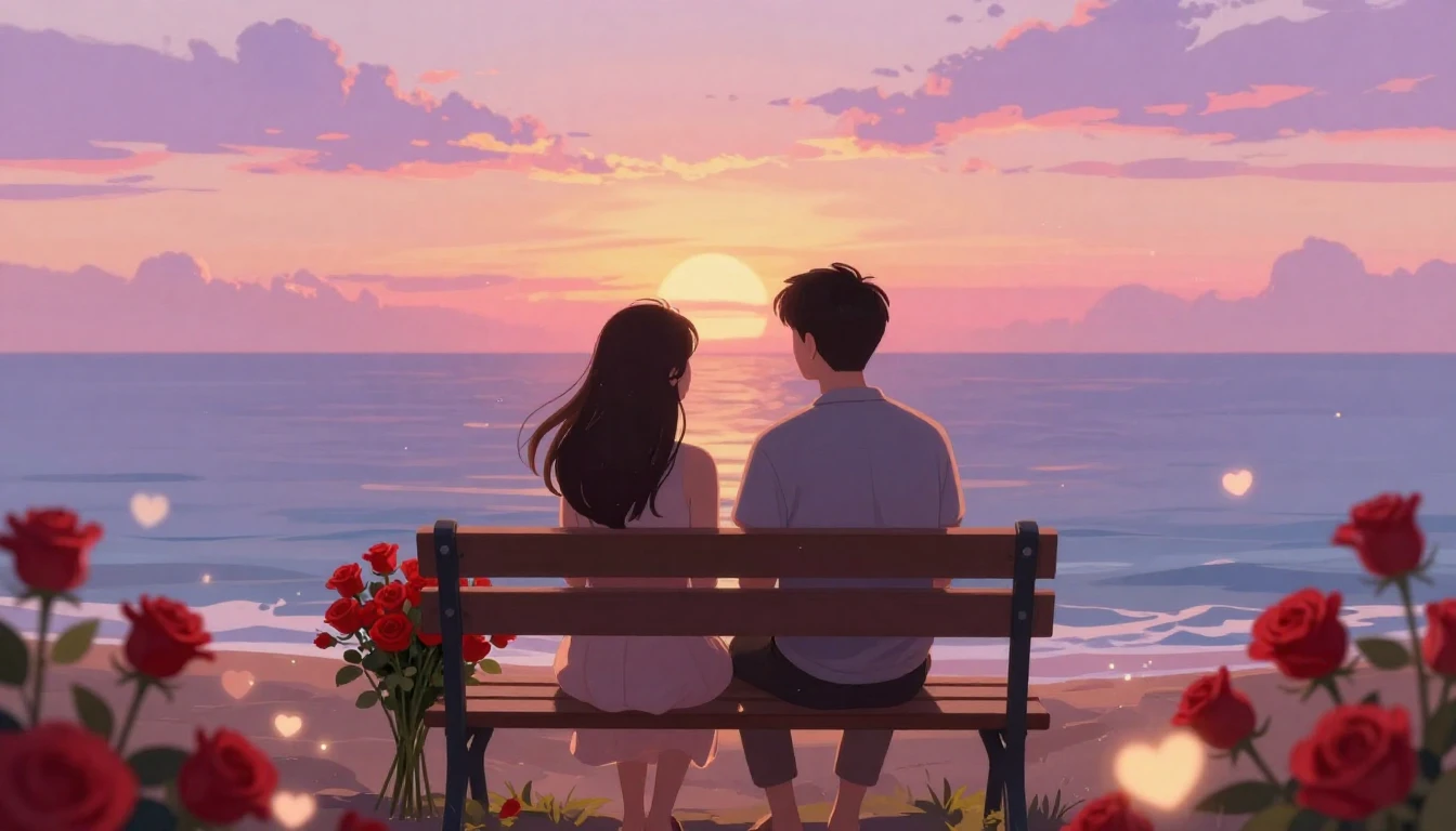 A romantic and dreamy illustration of a couple sitting on a ...