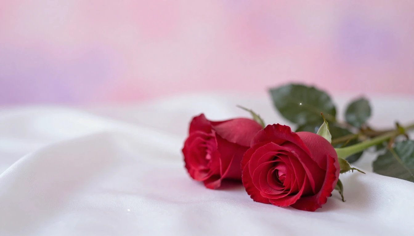 A romantic and ethereal scene featuring two delicate red ros...