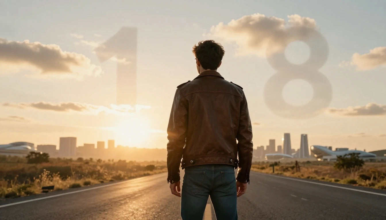 A cinematic shot from behind of a young man standing on an o...