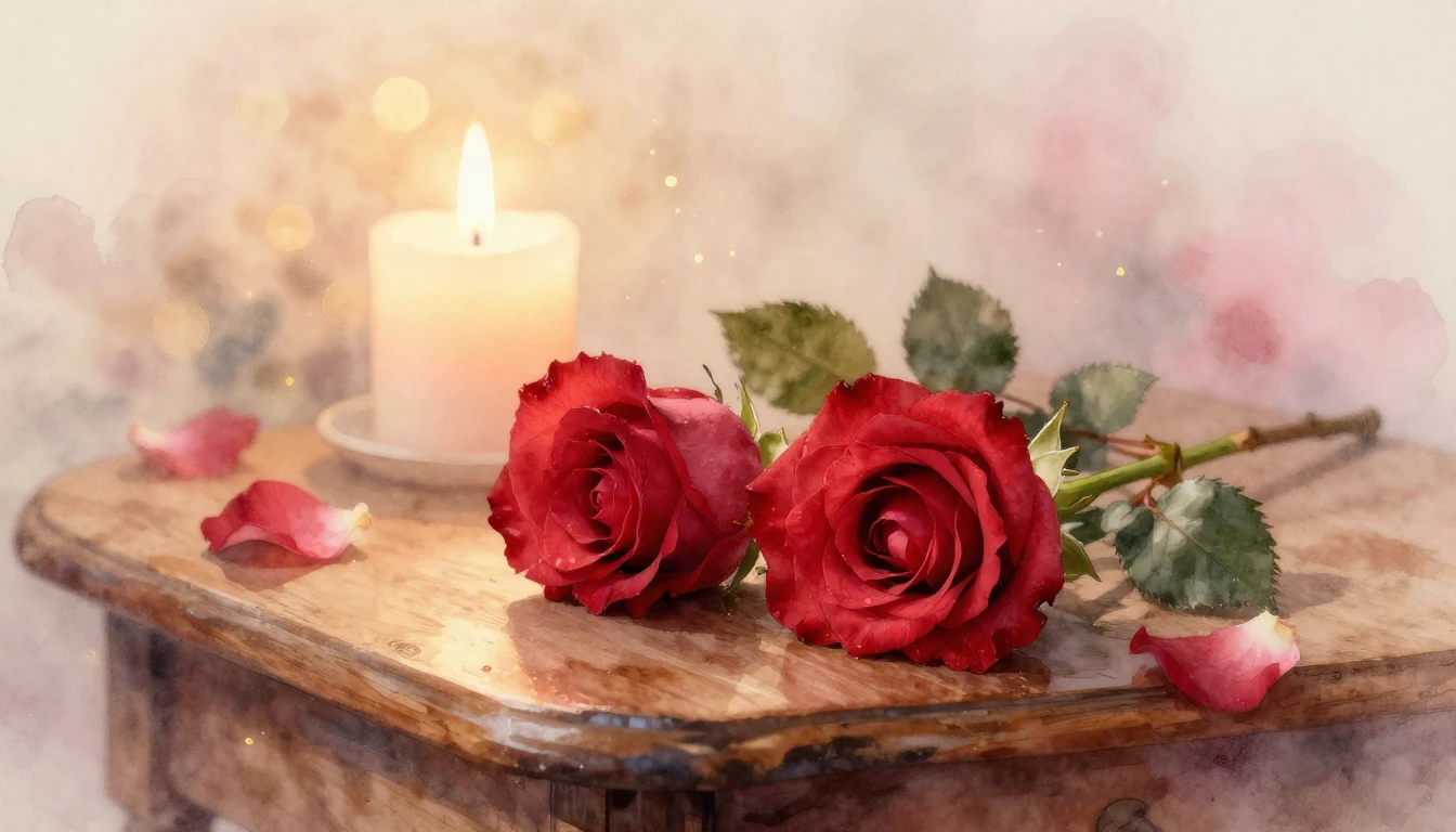 A dreamy watercolor painting of two delicate red roses resti...