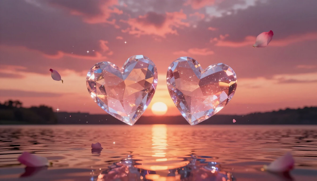 A breathtaking scene of two glowing crystalline hearts float...
